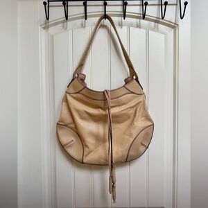 Lancel Cream Leather w Pink Topstitching Shoulder Bag w Tassels. 15” x 12” x 2”